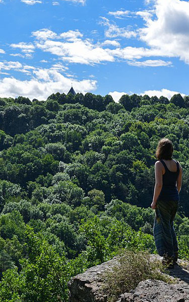 Hiker overlooking mountains and valleys image